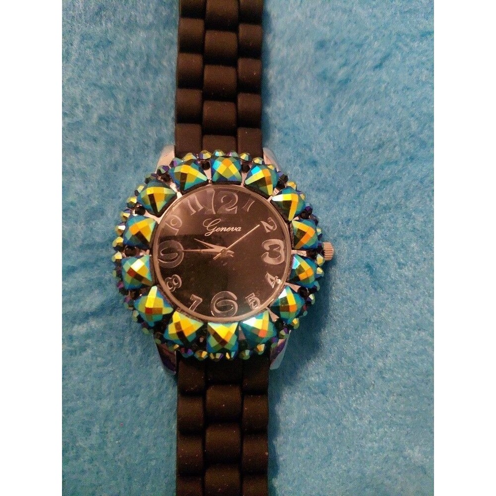 New Black Water Resistant With Blue Iridescent Rhinestone Designed Watch Analog